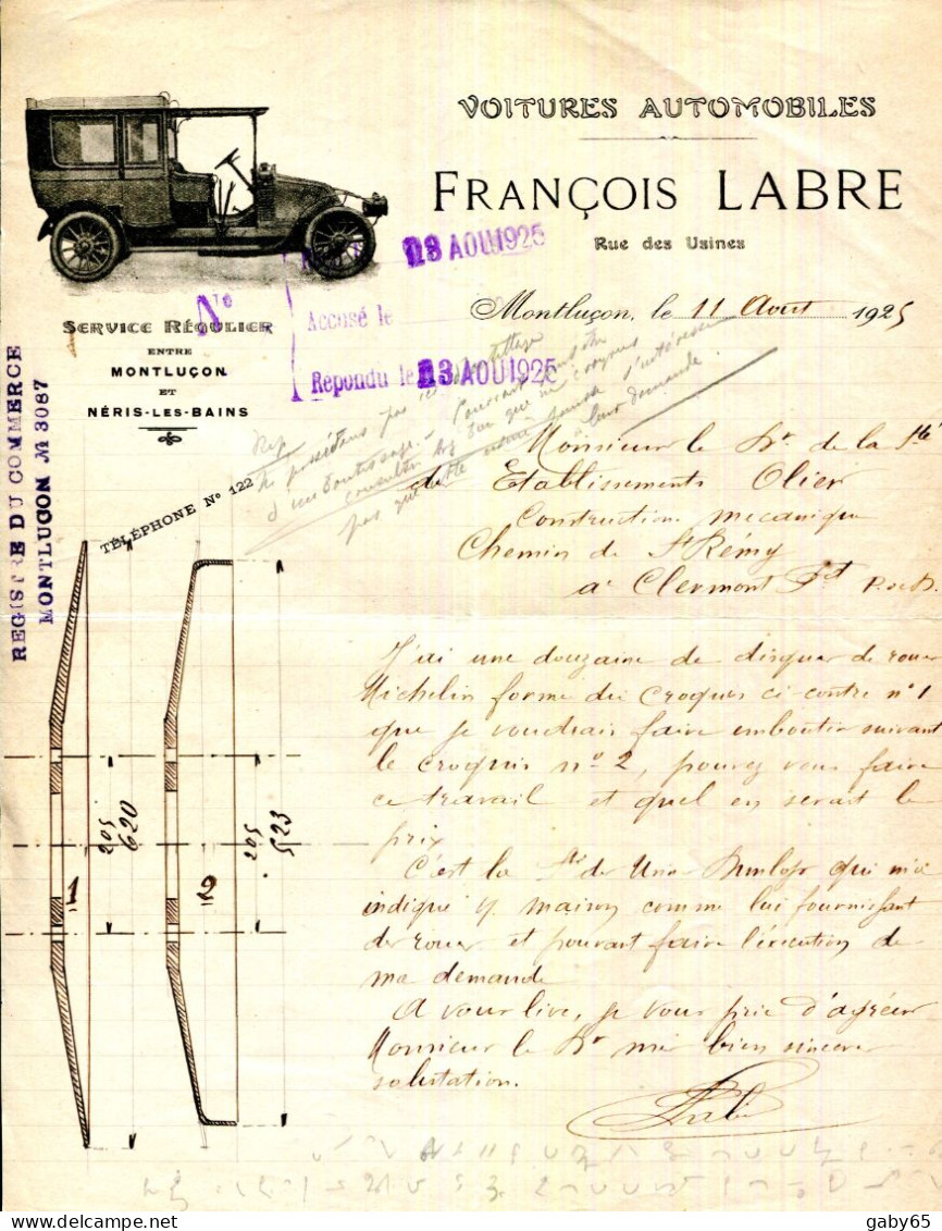 FACTURE.03.ALLIER.MONTLUÇON.VOITURES AUTOMOBILES.FRANÇOIS LABRE SERVICE REGULIER ENTRE MONTLUÇON ET NERIS LES BAINS. - Automobile