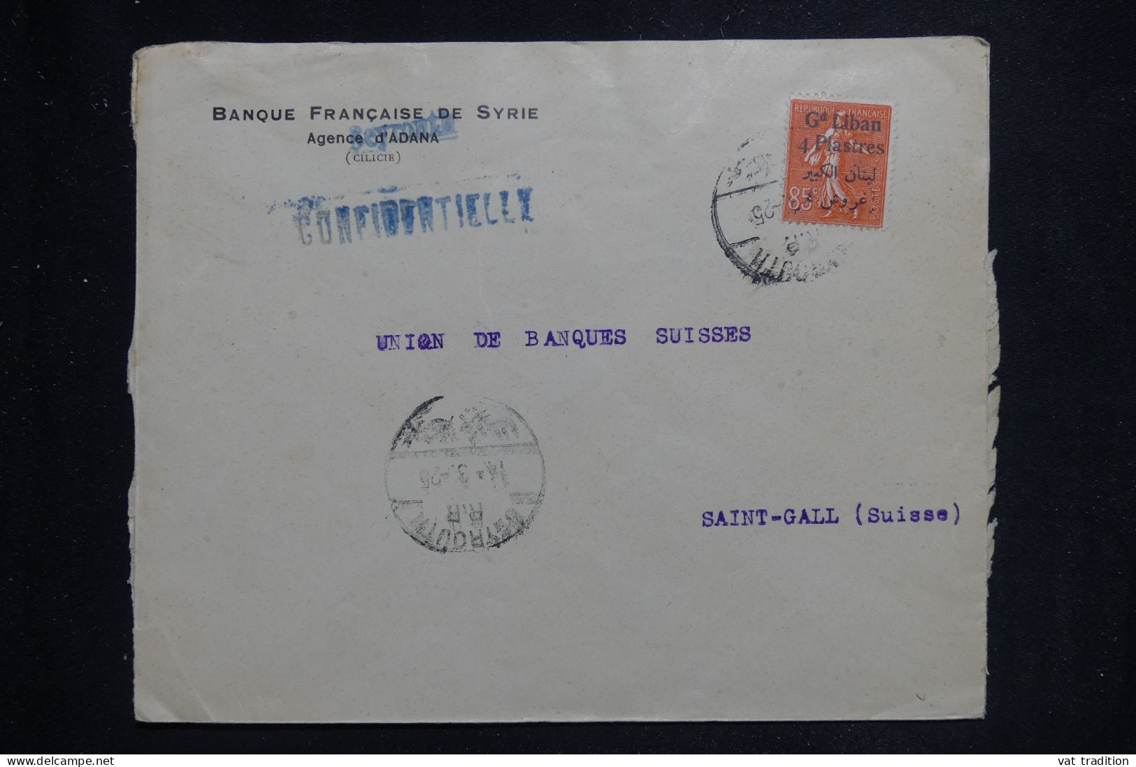 LIBAN - Enveloppe Commerciale De Adana Pour La Suisse En 1925, Affranchissement Semeuse Surchargé  - L 144108 - Storia Postale