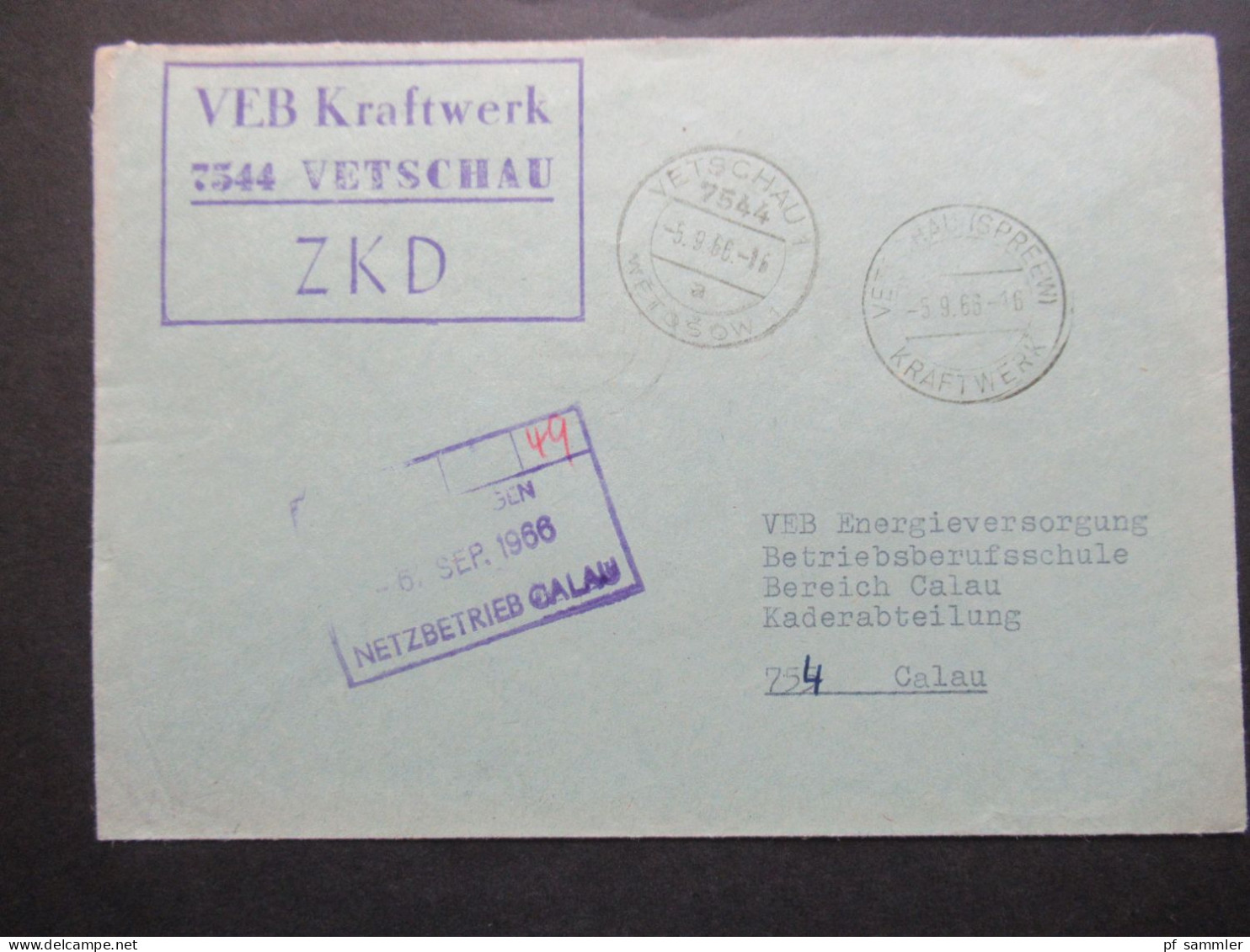 DDR 1966 Zentraler Kurierdienst ZKD VEB Kraftwerk 7544 Vetschau Tagesstempel Vetschau (Spreew) Kraftwerk - Covers & Documents