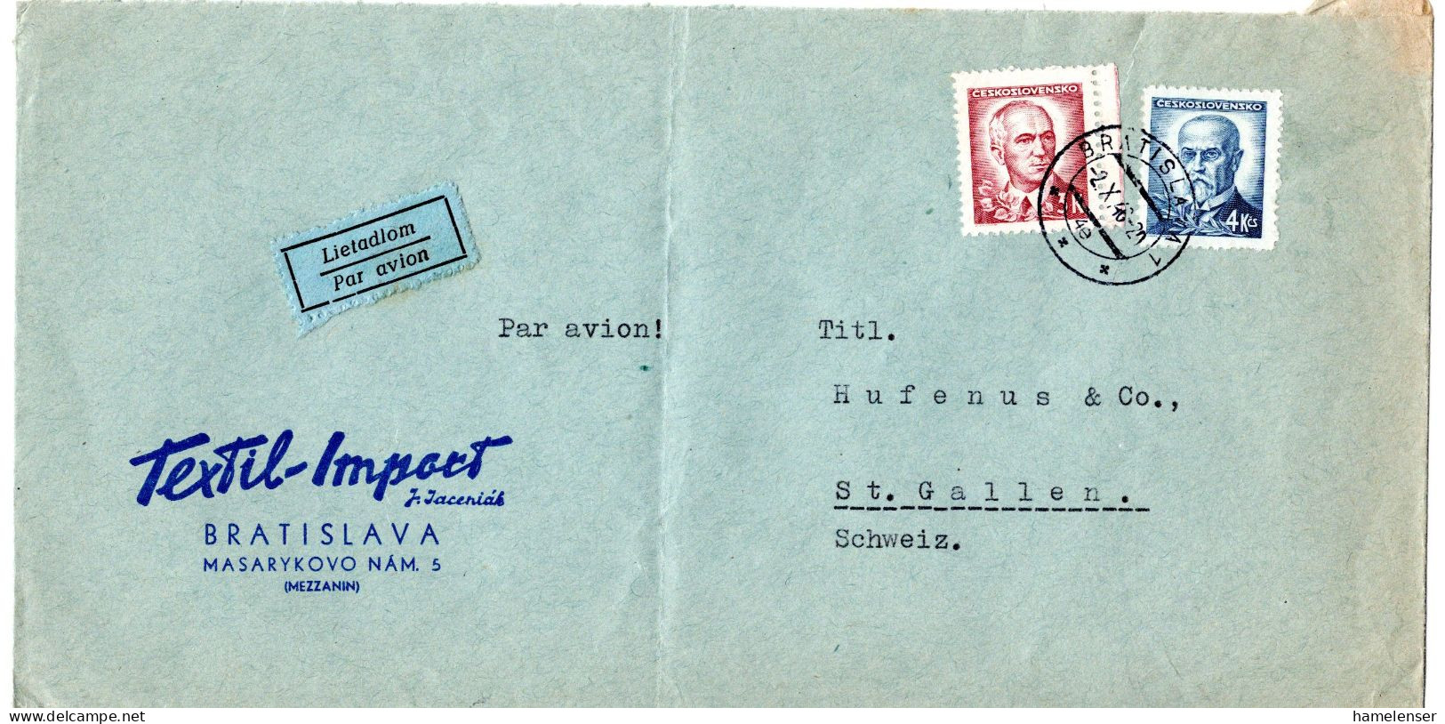 L66931 - Tschechoslowakei - 1946 - 4Kcs Masaryk MiF A LpBf BRATISLAVA -> Schweiz - Lettres & Documents