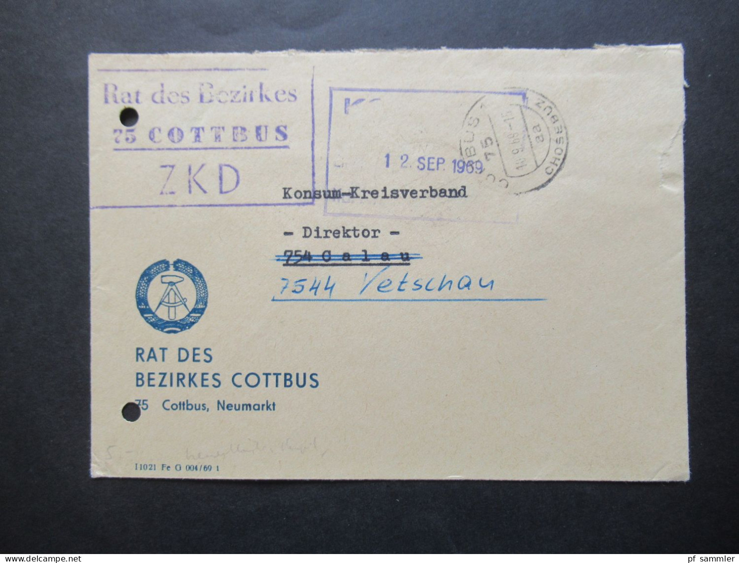 DDR 1969 Zentraler Kurierdienst ZKD Rat Des Bezirkes 75 Cottbus Tagesstempel Cottbus 75 Chosebuz / Volkspolizei Kreisamt - Cartas & Documentos