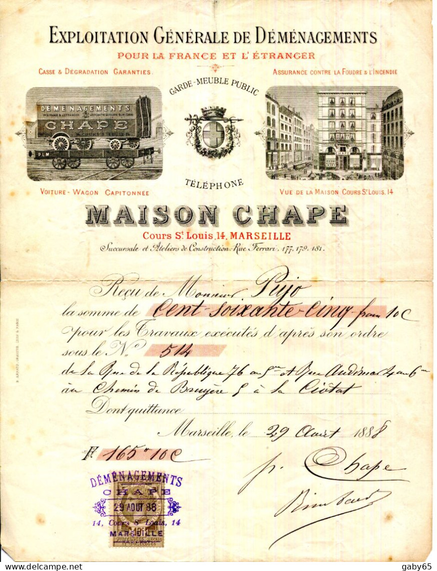 FACTURE.MARSEILLE.EXPLOITATION GENERALE DE DEMENAGEMENTS FRANCE & ETRANGER.MAISON CHAPE 14 COURS SAINT LOUIS. - Transport