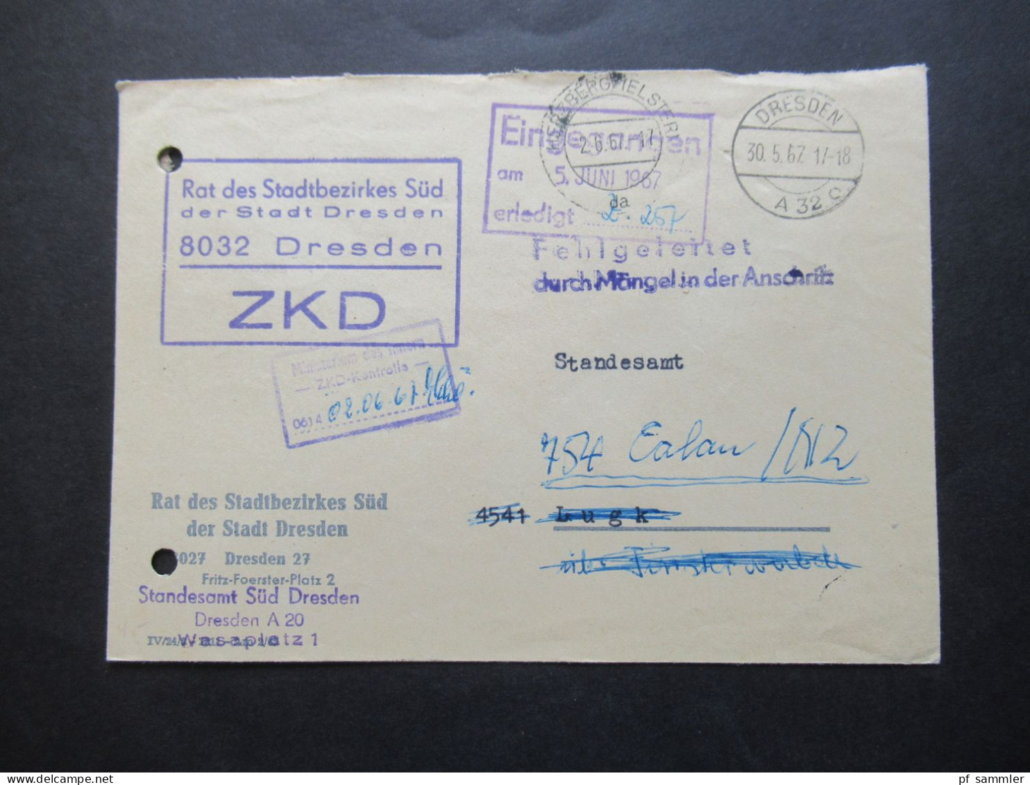 DDR 1967 Zentraler Kurierdienst ZKD Rat Des Stadtbezirkes Süd Der Stadt Dresden / Ministerium Des Innern / Rücks. 3 Stp - Lettres & Documents