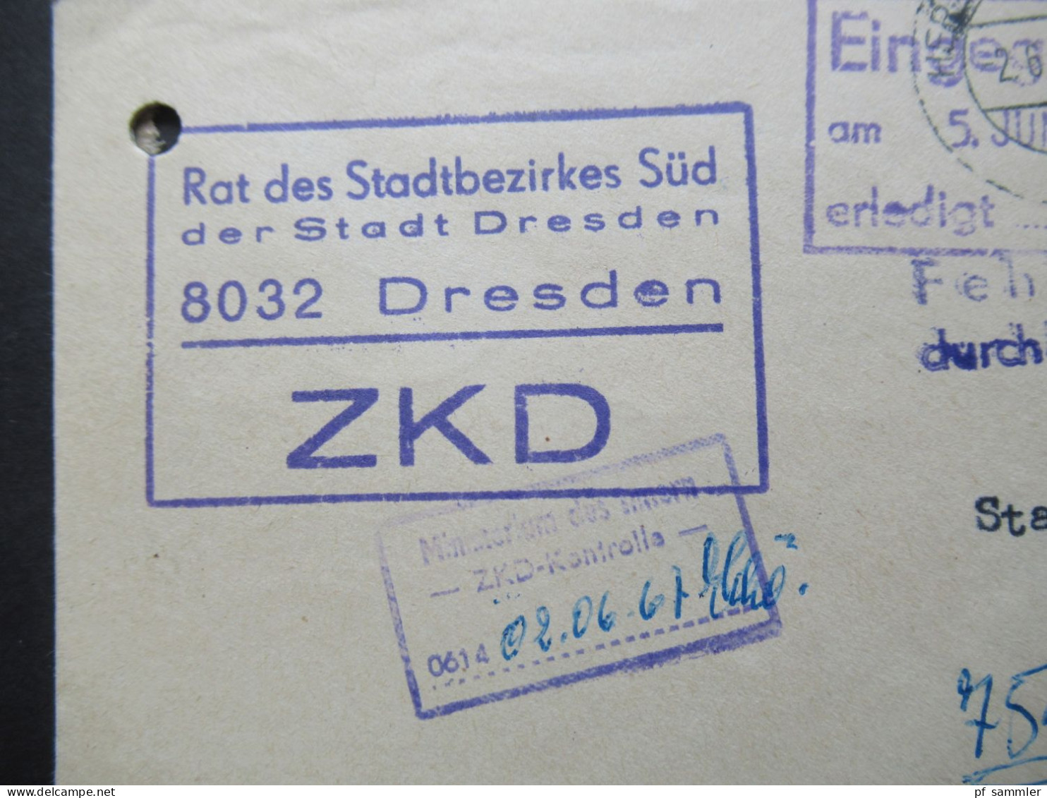 DDR 1967 Zentraler Kurierdienst ZKD Rat Des Stadtbezirkes Süd Der Stadt Dresden / Ministerium Des Innern / Rücks. 3 Stp - Covers & Documents