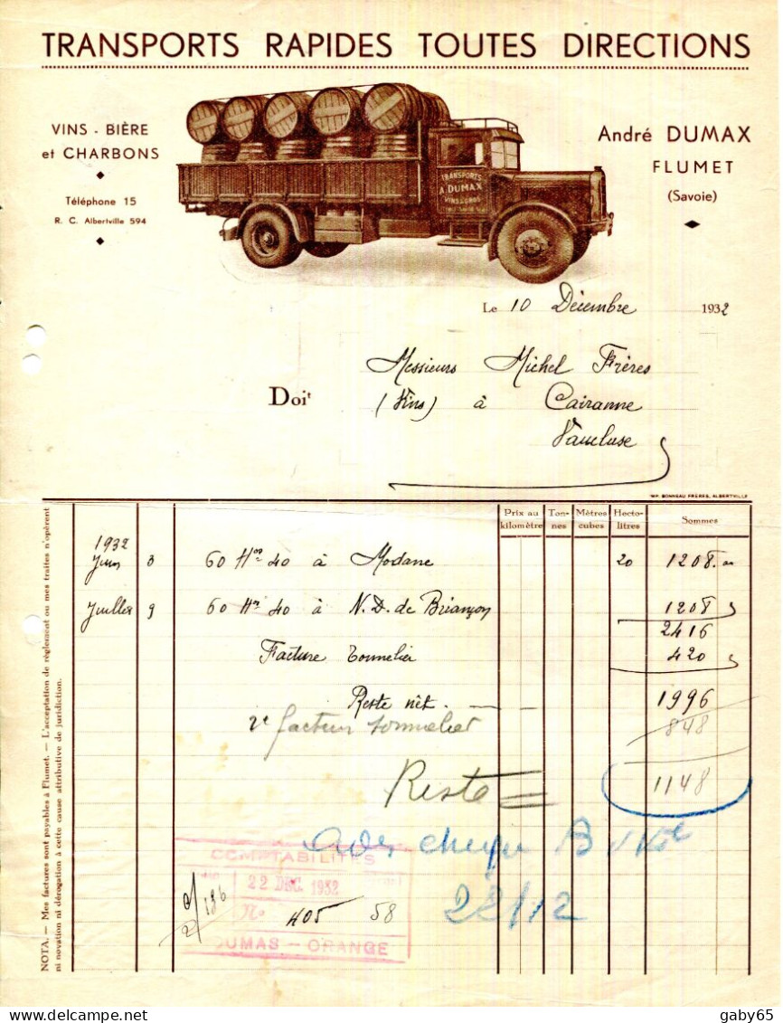 FACTURE.73.SAVOIE.FLUMET.TRANSPORTS RAPIDES TOUTES DIRECTIONS.ANDRE DUMAX. - Transport