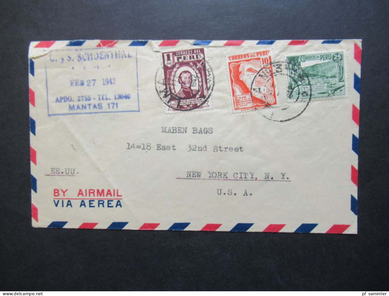 Peru 1942 By Airmail Via Aerea EE.UU. Mantas 171 / Lima Nach New York City USA / Luftpost - Peru