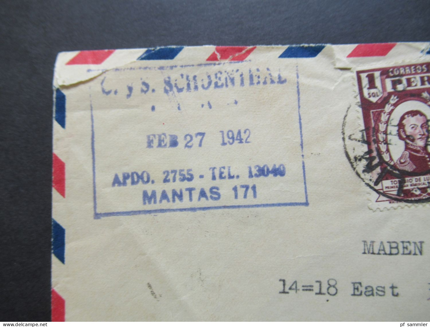 Peru 1942 By Airmail Via Aerea EE.UU. Mantas 171 / Lima Nach New York City USA / Luftpost - Peru