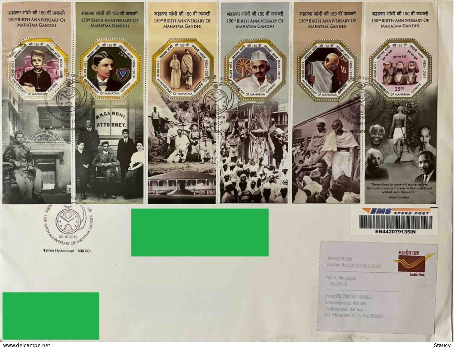 INDIA 2nd OCT 2019 150th BIRTH ANNIVERSARY Of GANDHI ISSUE DATE REGISTERED SPEED POST FDC COVER, Ex RARE - Covers & Documents