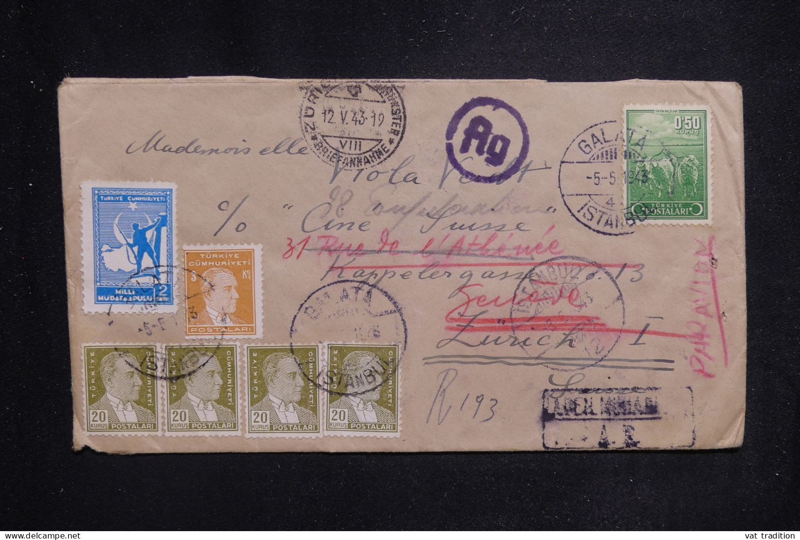 TURQUIE - Enveloppe ( Manque De Rabat Au Dos) En Recommandé De Istambul Pour La Suisse En 1943 - L 144136 - Covers & Documents