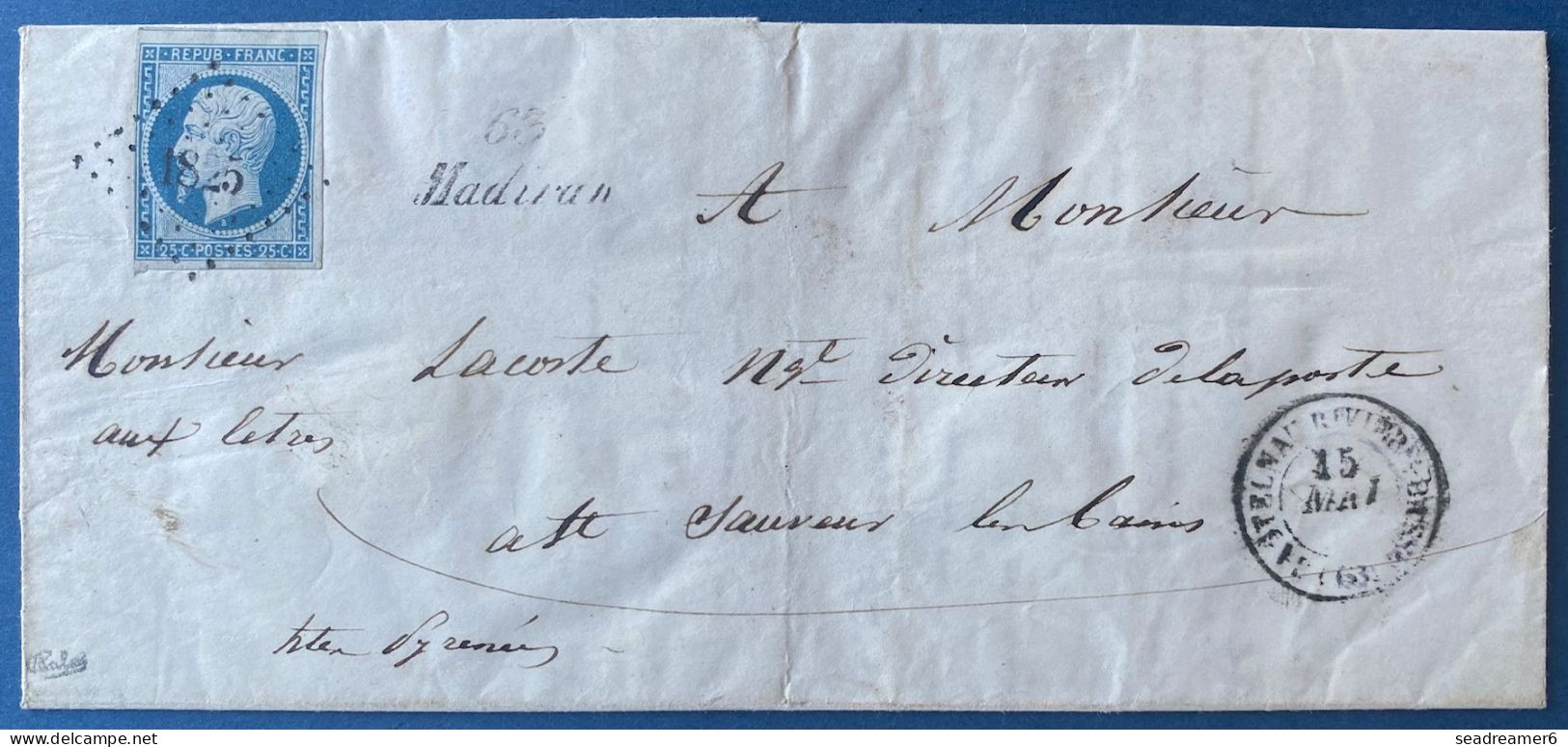 Lettre 15 Mai 1854 Présidence N°10 25c Bleu (1er Choix) Oblitéré PC 1825 + Cursive " 63 / Madiran " TTB Signé CALVES - 1852 Louis-Napoléon