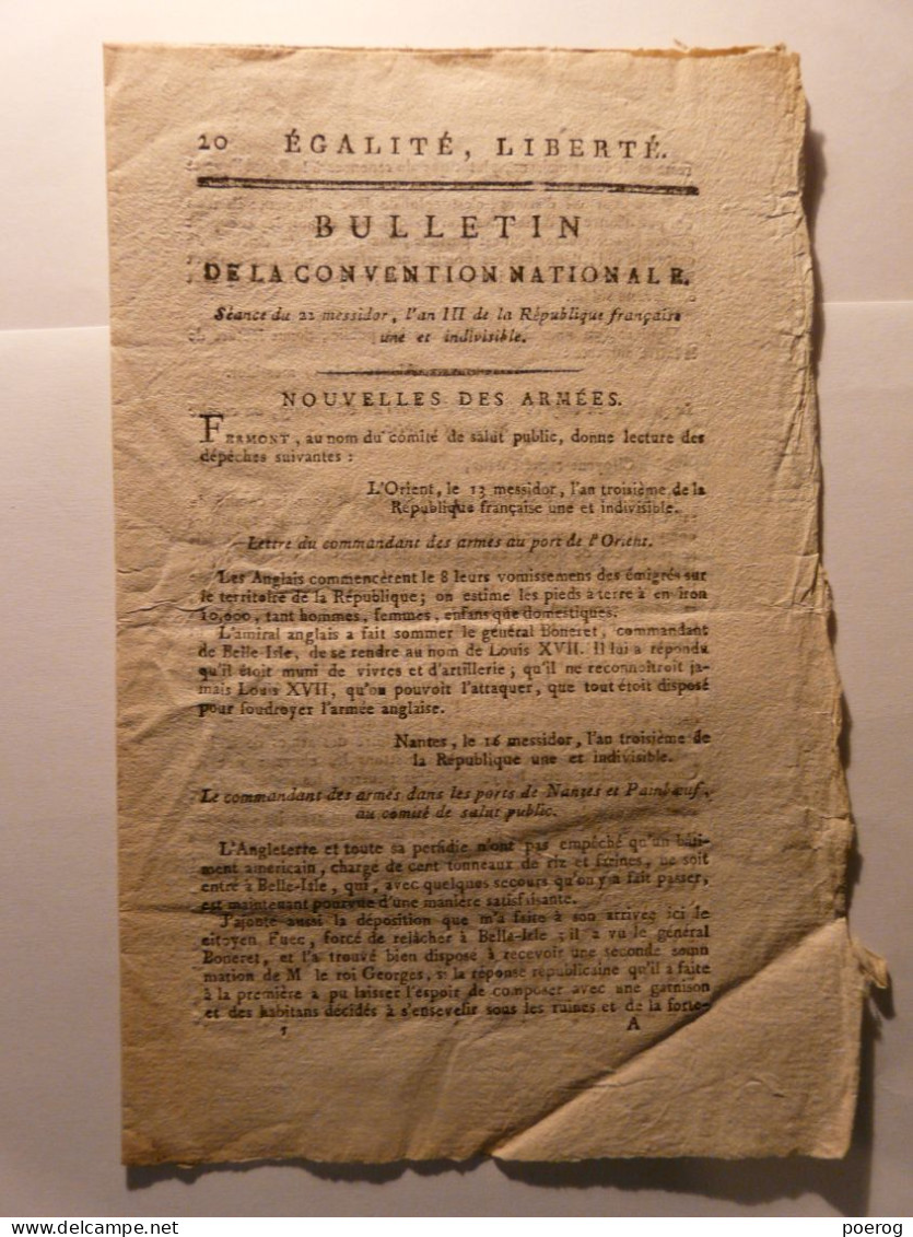 BULLETIN CONVENTION NATIONALE 1795 - GARDES CHAMPETRES - INSUBORDINATION EMPLOYES FABRIQUES ARMES - NOUVELLES DES ARMEES - Gesetze & Erlasse