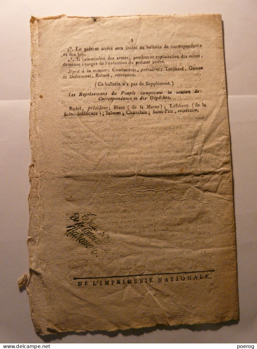 BULLETIN CONVENTION NATIONALE 1795 - GARDES CHAMPETRES - INSUBORDINATION EMPLOYES FABRIQUES ARMES - NOUVELLES DES ARMEES - Décrets & Lois