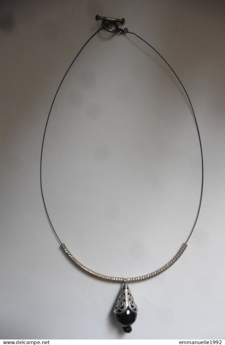 Collier Créateur Fil Cablé Noir Perles Ethniques Noir Ciselé Argent Beau Fermoir - Artisanat Asie - Ethnisch