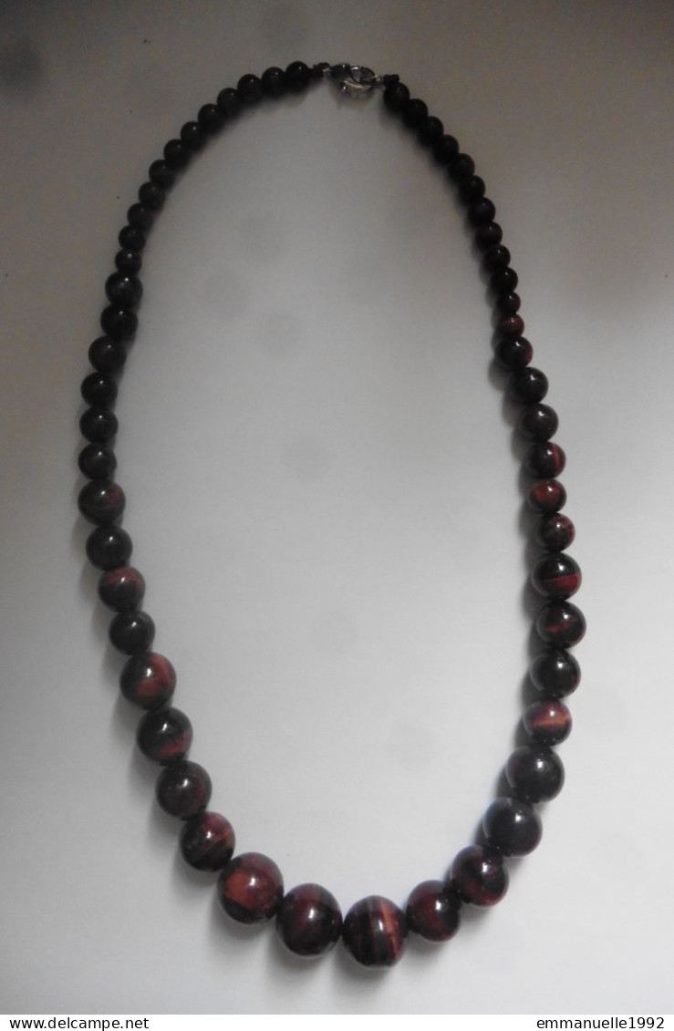 Neuf - Collier 48 Cm De Perles En Oeil De Tigre Rouge Oeil De Taureau Marron à Reflets Véritable - Necklaces/Chains