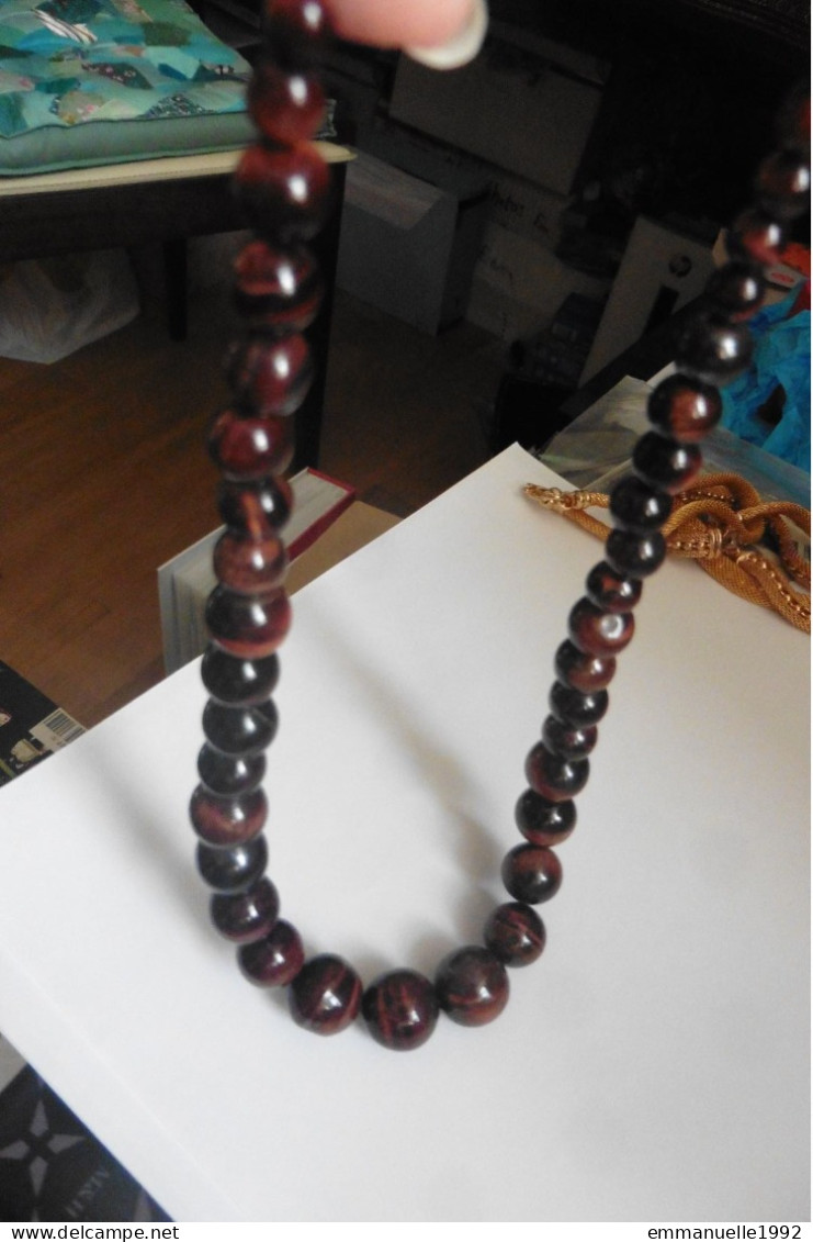 Neuf - Collier 48 Cm De Perles En Oeil De Tigre Rouge Oeil De Taureau Marron à Reflets Véritable - Halsketten