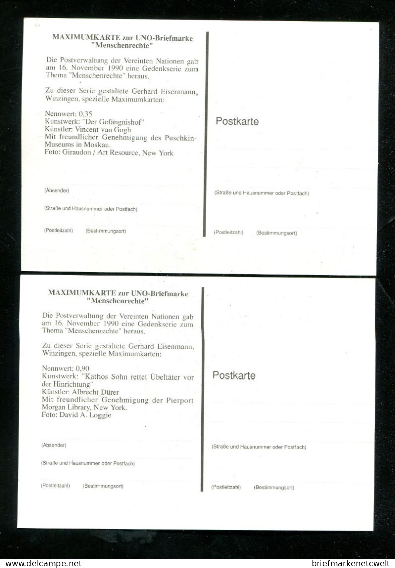"UNO-GENF" 1990, Mi. 192/193 "Menschenrechte" Auf 2 Maximumkarten (15516) - Cartes-maximum