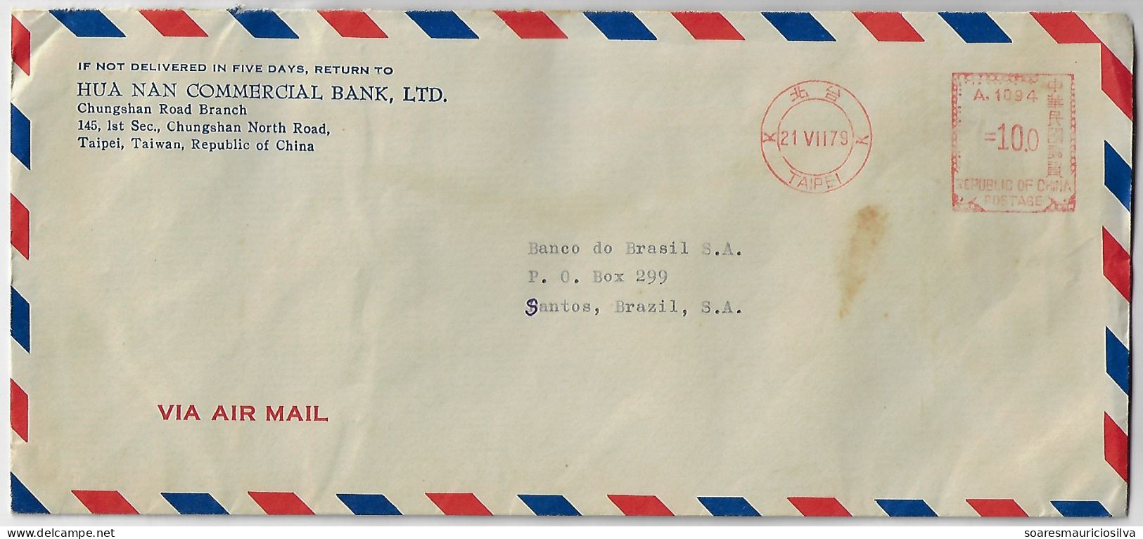 Taiwan 1979 Hua Nan Commercial Bank Ltd Commercial Airmail Cover From Taipei Meter Stamp Pitney Bowes-GB Automax - Covers & Documents