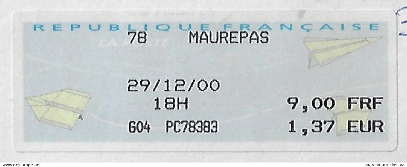 France 2000 Priority Cover Sent From Maurepas To São Paulo Brazil Meter Stamp Olivetti PR50 Paper Airplane Label €1,37 - 2000 Type « Avions En Papier »