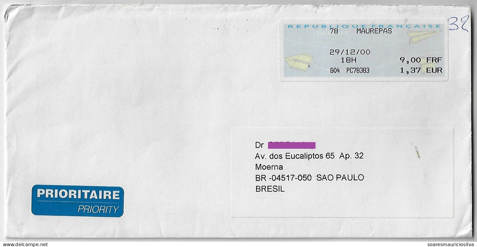 France 2000 Priority Cover Sent From Maurepas To São Paulo Brazil Meter Stamp Olivetti PR50 Paper Airplane Label €1,37 - 2000 « Avions En Papier »