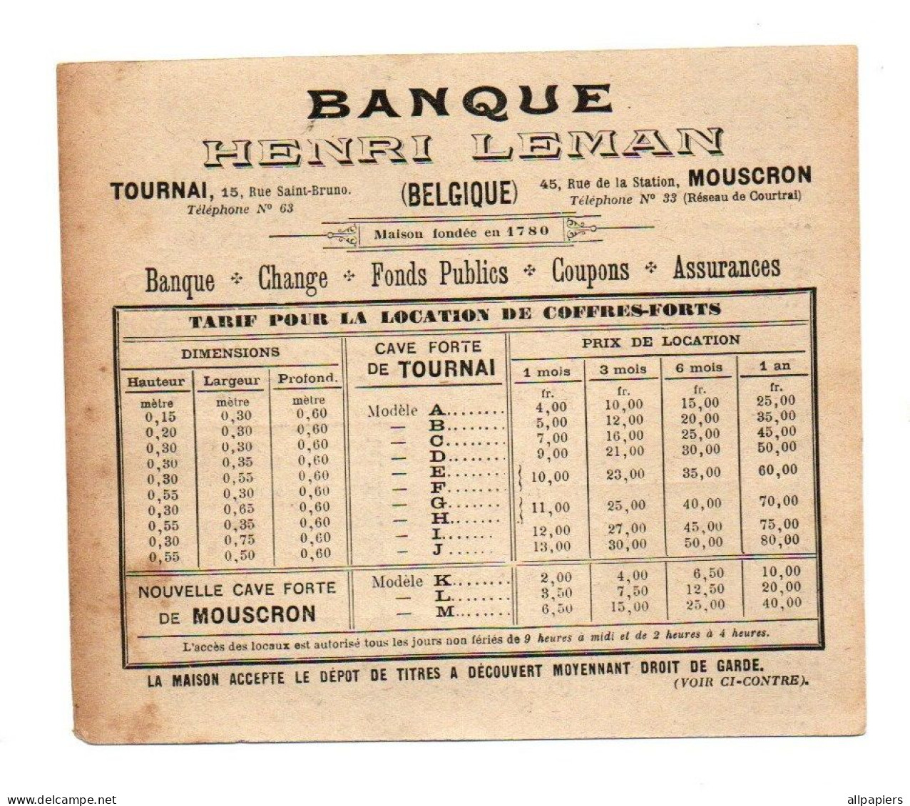 Tarif Pour La Location De Coffres-Forts Banque Henri Leman Tournai Mouscron Belgique - Format : 14x12 Cm - Banco & Caja De Ahorros