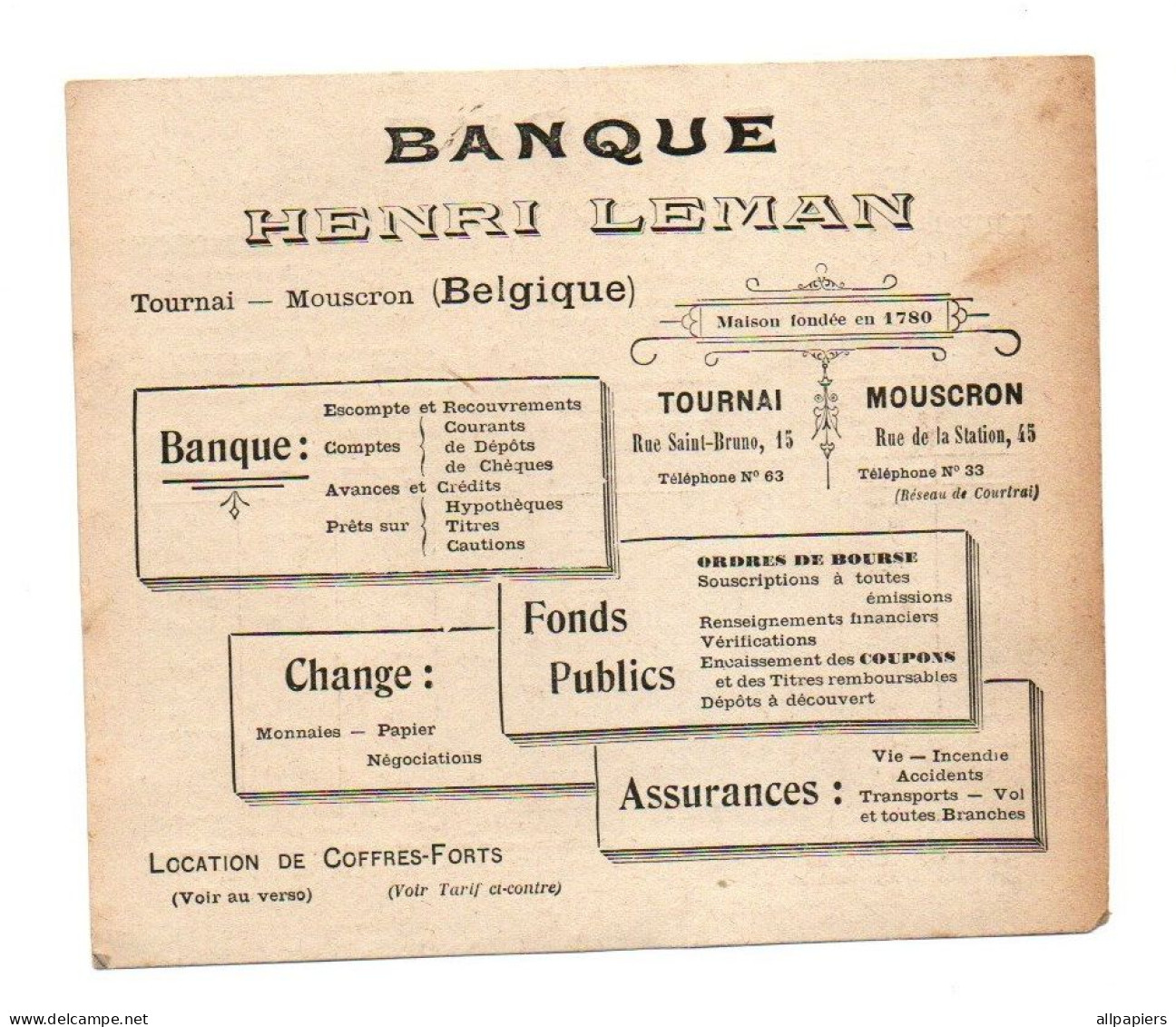 Tarif Pour La Location De Coffres-Forts Banque Henri Leman Tournai Mouscron Belgique - Format : 14x12 Cm - Banque & Assurance