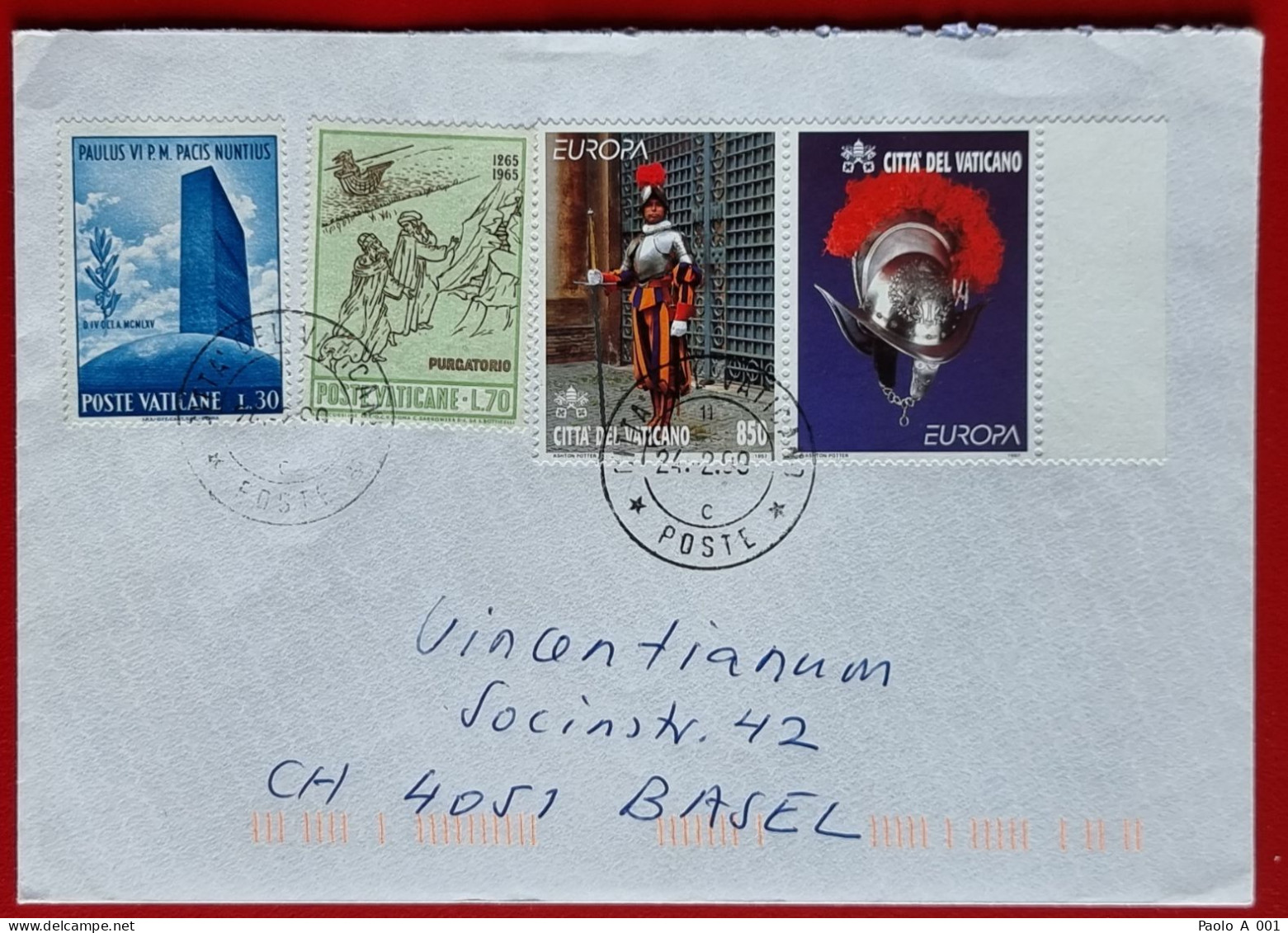 VATICANO VATIKAN VATICAN 1997 EUROPA GUARDIA SVIZZERA SWISS GUARD HELMET 1999 TO BASEL SVIZZERA SWITZERLAND - Storia Postale