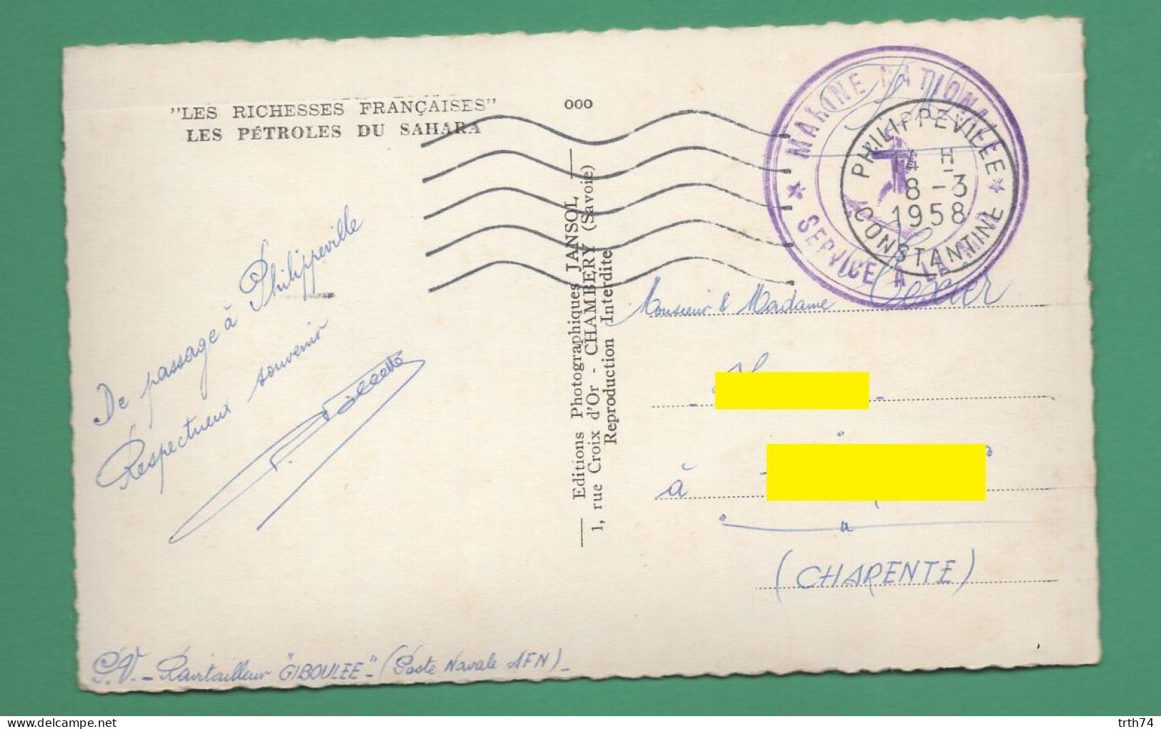 Cachet Marine Nationale Service à La Mer Philippeville Constantine 8 3 1958 ( Ravitailleur Giboulée FM ) - Guerre D'Algérie