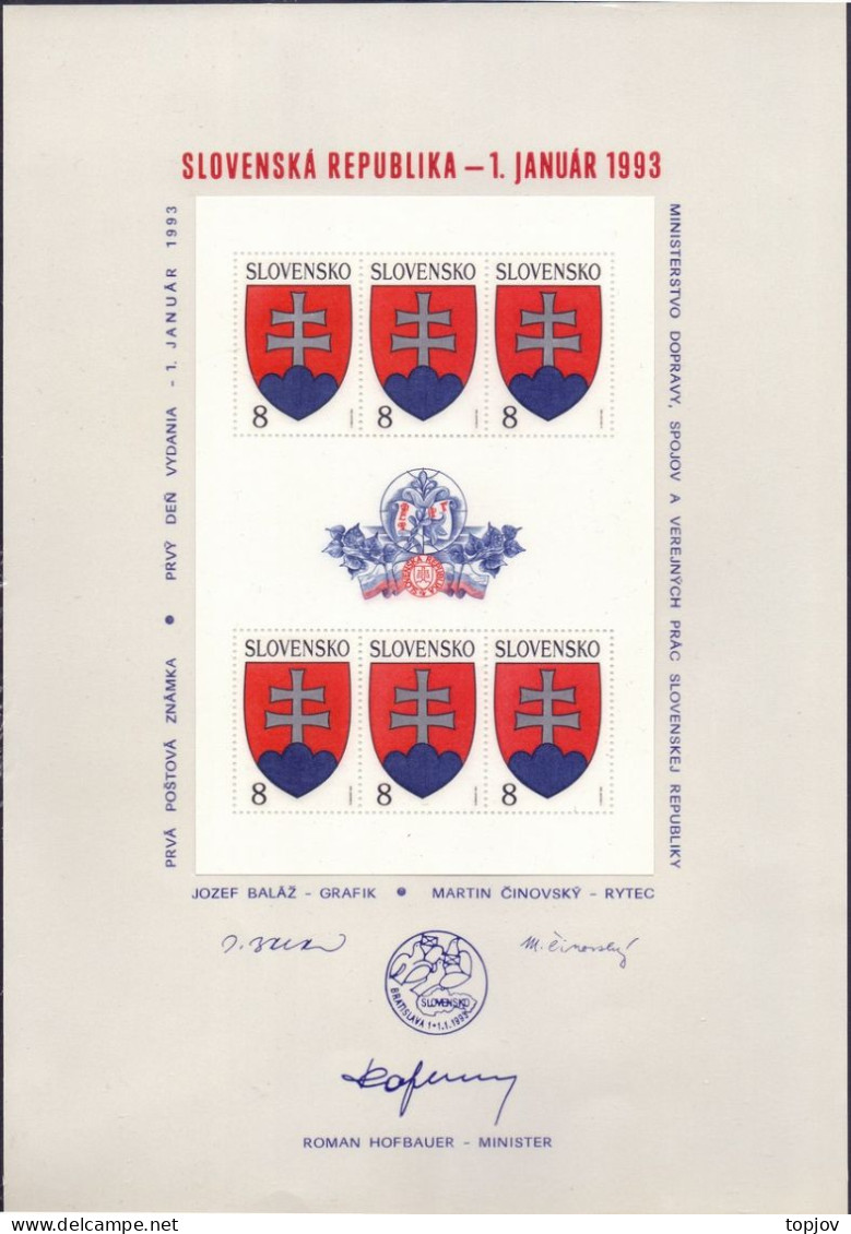 SLOVAKIA - FIRST STAMPS - MINISTER SHEET - 1993 - RARE - Covers & Documents