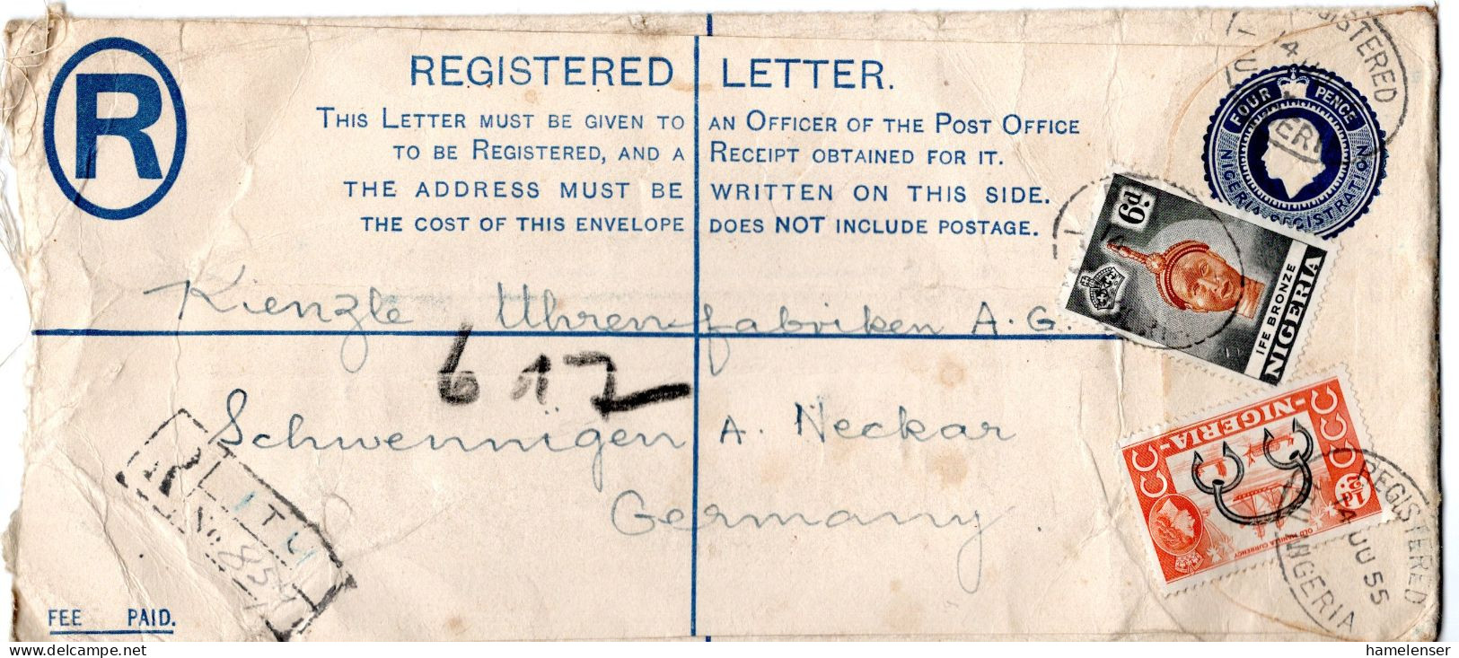 L66933 - Nigeria - 1955 - 4d QEII GA-R-Umschlag (kl Mgl Li) M ZusFrankatur ITU -> SCHWENNINGEN (Westdeutschland) - Nigeria (...-1960)