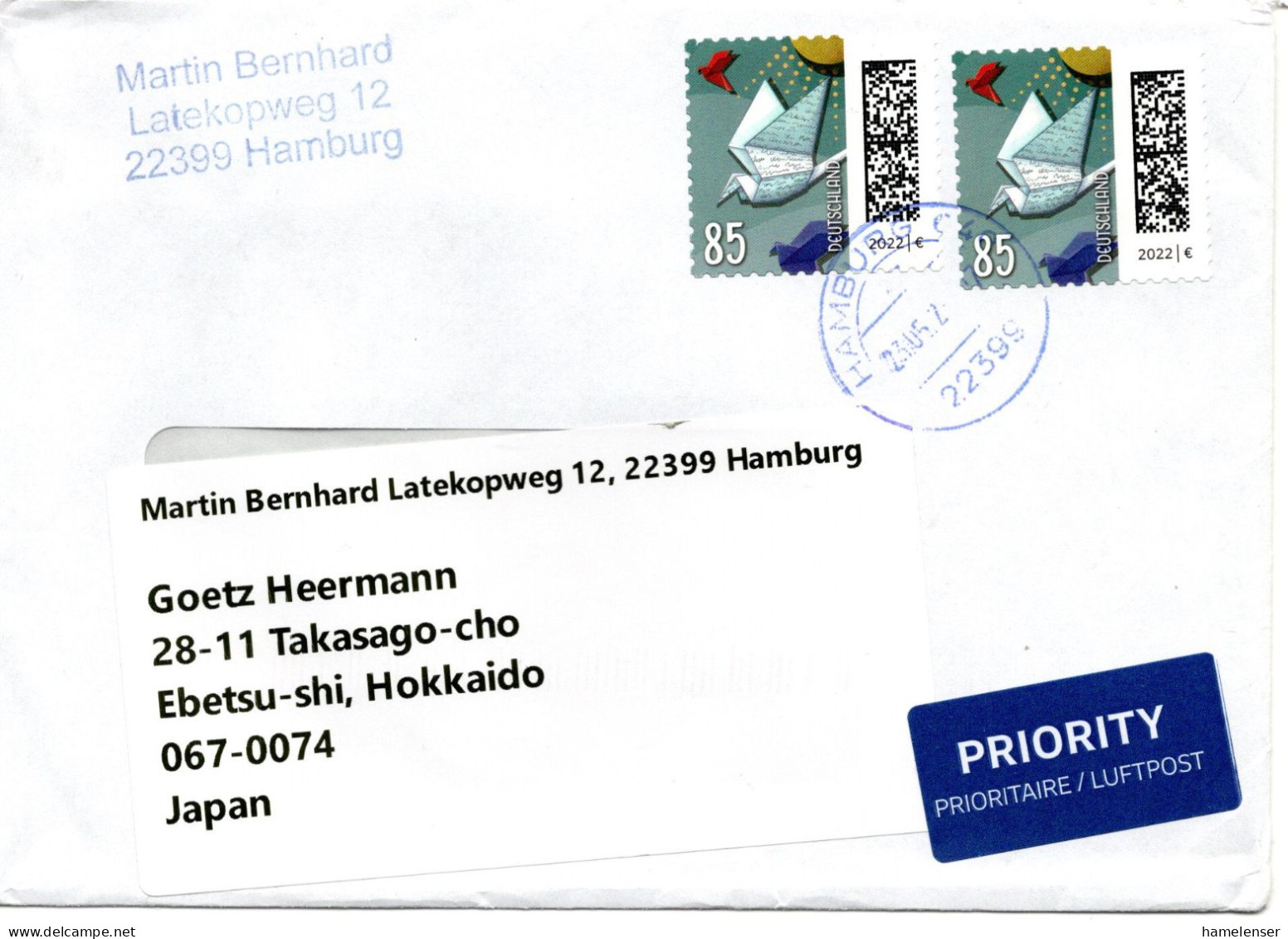 66937 - Bund - 2023 - 2@85c Brief A LpBf HAMBURG -> Japan - Covers & Documents