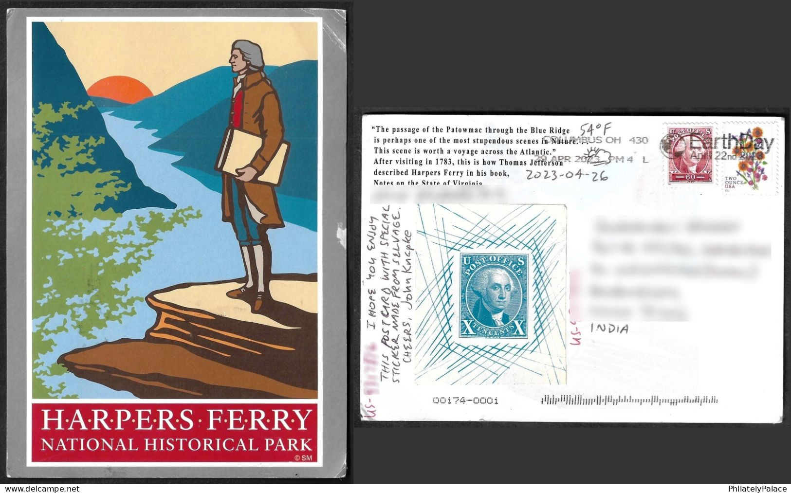 USA 2023 World Earth Day, April 22nd,Harpers Ferry, Sun,Mountain,Benjamin Franklin, Postcard To India (**)  Inde Indien - Covers & Documents