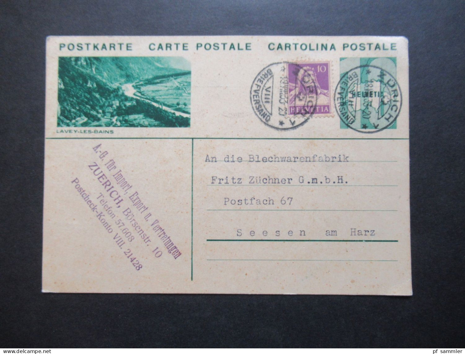 Schweiz 1933 Bildganzsache Lavey Les Bains Mit Zusatzfrankatur Tell. Abs. Stempel AG Für Import, Export U. Vertretungen - Enteros Postales
