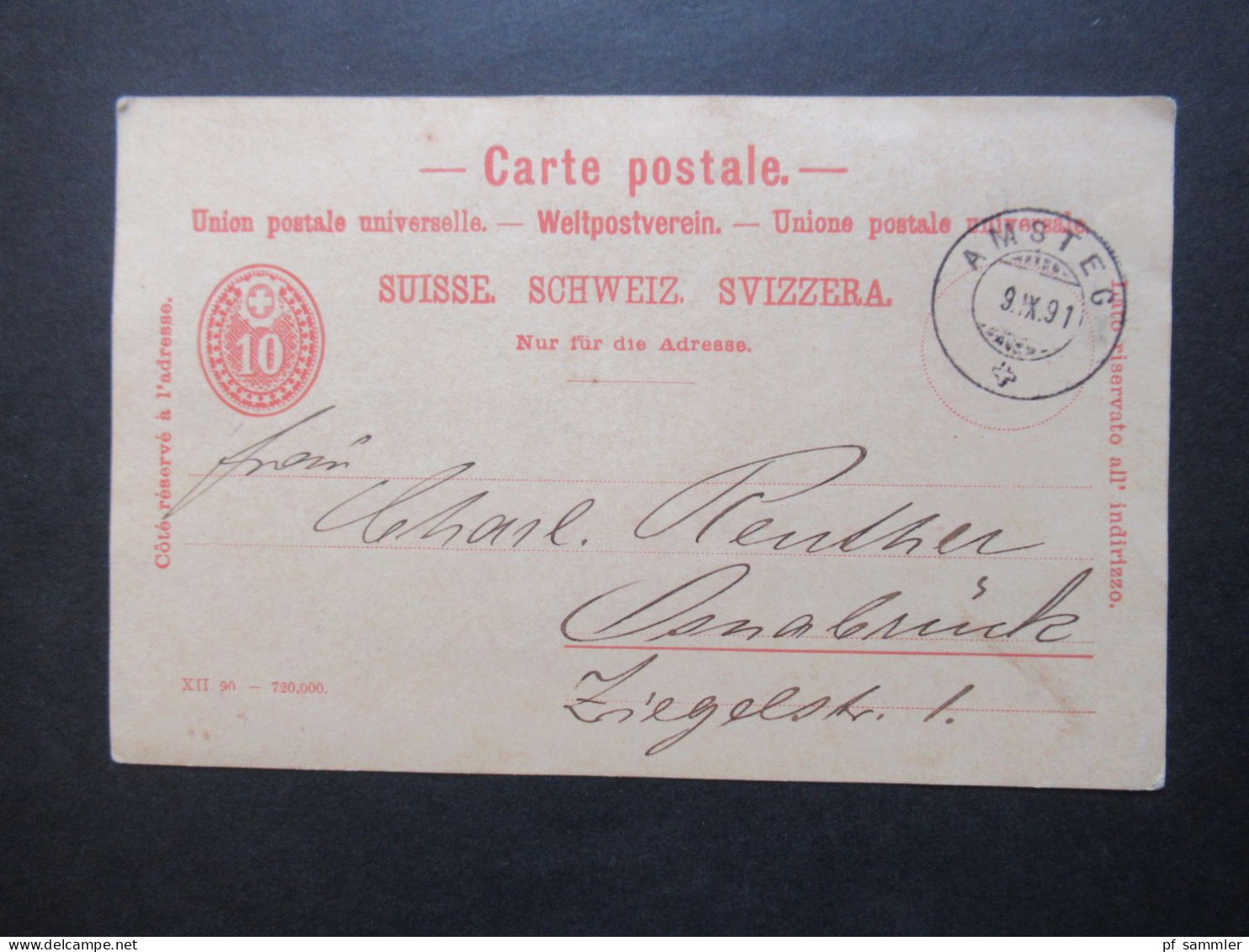 Schweiz 1891 Ganzsache XII. 90 Stempel Amsteg Auslands PK Nach Osnabrück Gesendet! - Stamped Stationery