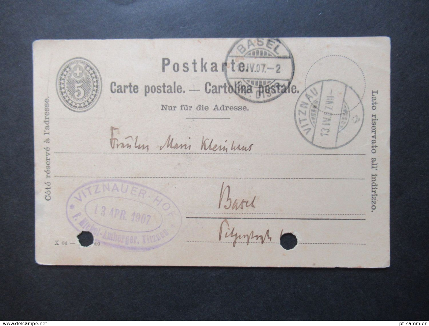 Schweiz 1907 Ganzsache Postkarte Stempel Vitznau Nach Basel Absender Stp. Vitznauer Hof - Entiers Postaux