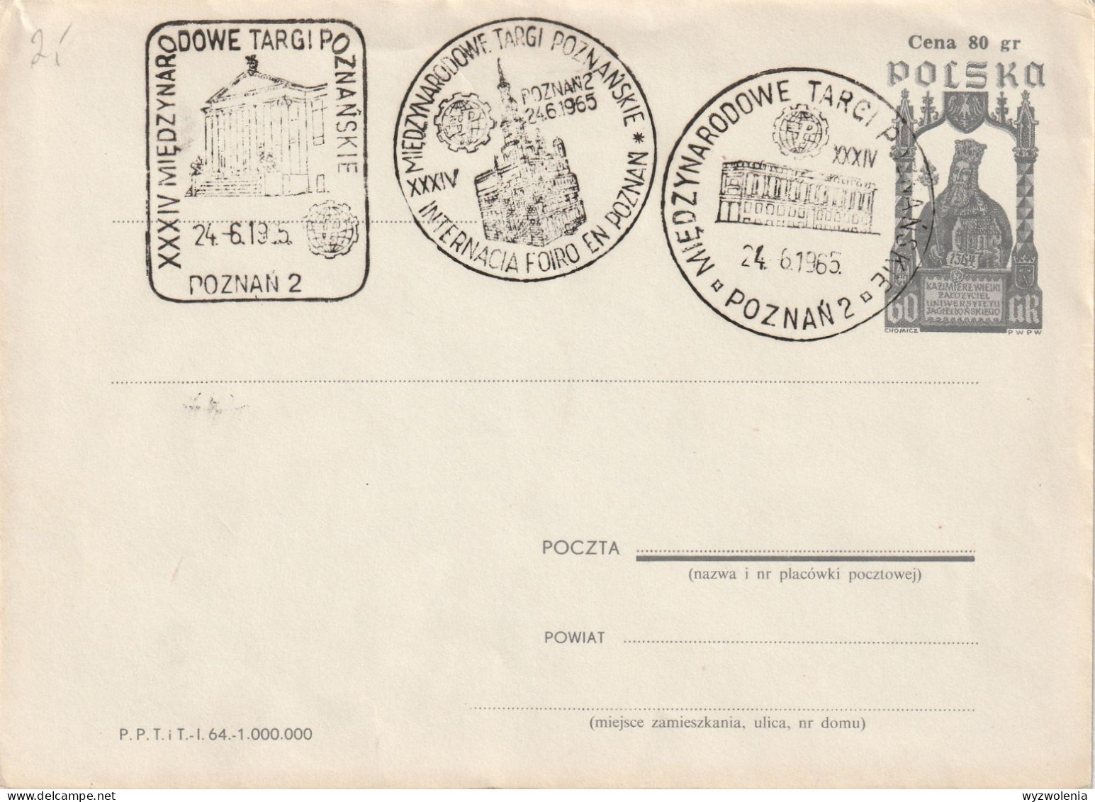 A 495) Polen 1965 GS Mi# U 42 I, C 38: WSt Kazimierz W., 3 SoSt Poznan 24.6.65 - Brieven En Documenten