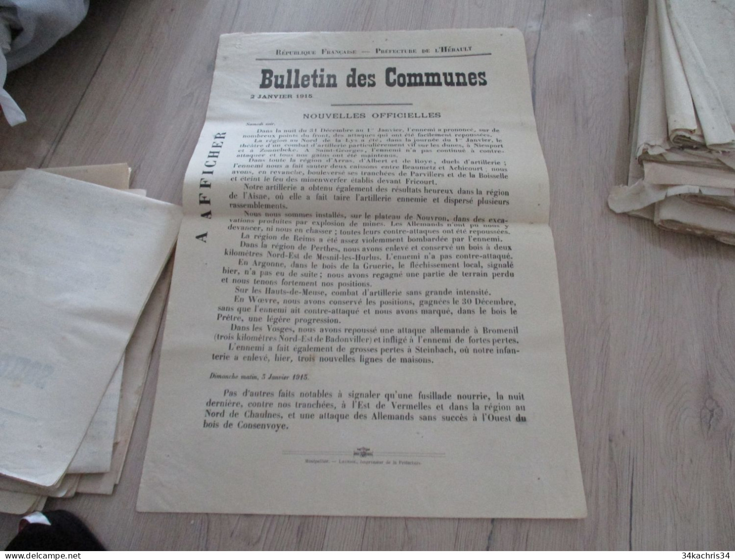 Guerre 14/18 Hérault .affiche 2 X A3 Environs Bulletins Des Communes Nouvelles Officielles 2 Et 3/01/1915 Trous Punaises - Documents