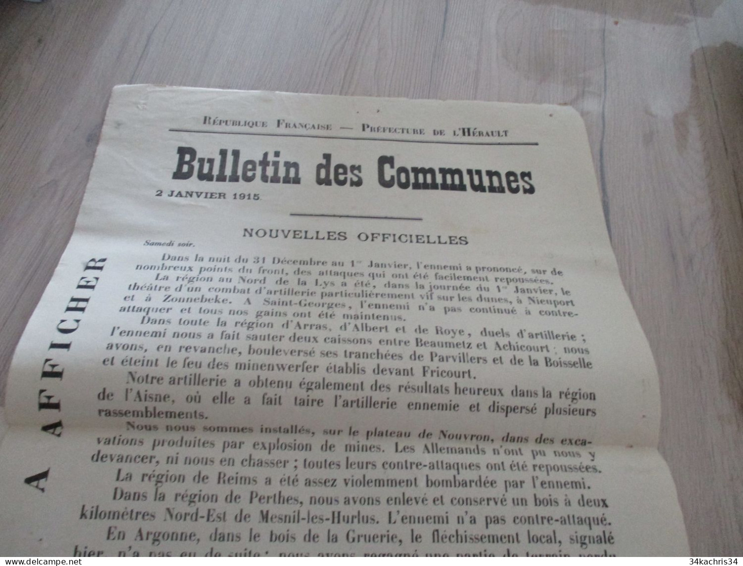 Guerre 14/18 Hérault .affiche 2 X A3 Environs Bulletins Des Communes Nouvelles Officielles 2 Et 3/01/1915 Trous Punaises - Documents