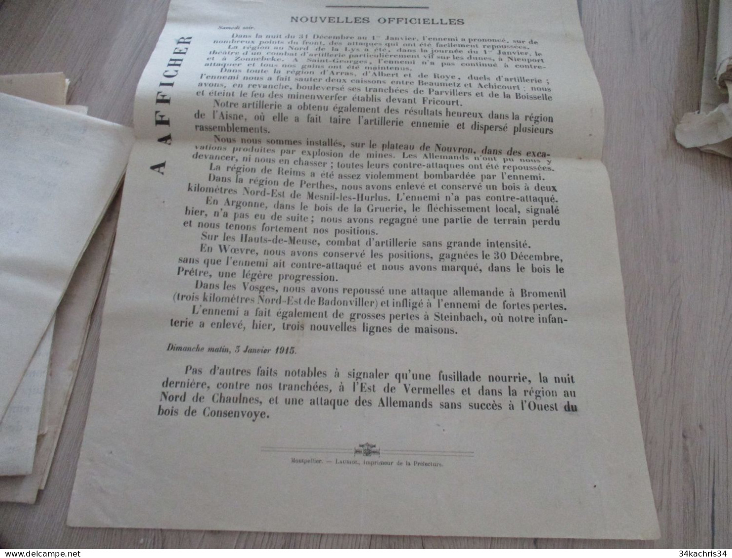 Guerre 14/18 Hérault .affiche 2 X A3 Environs Bulletins Des Communes Nouvelles Officielles 2 Et 3/01/1915 Trous Punaises - Documenten