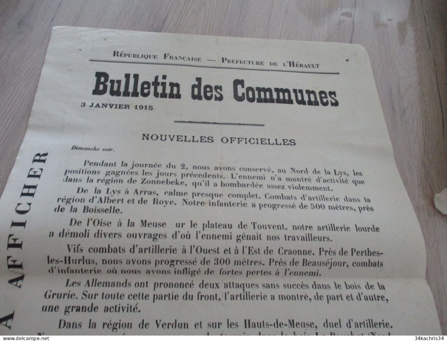 Guerre 14/18 Hérault .affiche 2 X A3 Environs Bulletins Des Communes Nouvelles Officielles 3 Et 4/01/1915 Trous Punaises - Documents