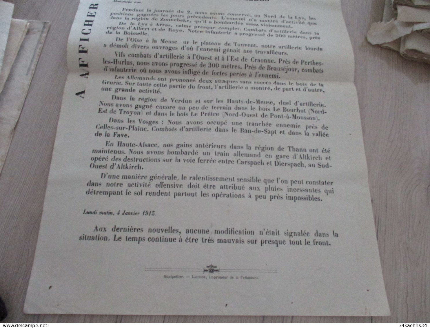 Guerre 14/18 Hérault .affiche 2 X A3 Environs Bulletins Des Communes Nouvelles Officielles 3 Et 4/01/1915 Trous Punaises - Documenten