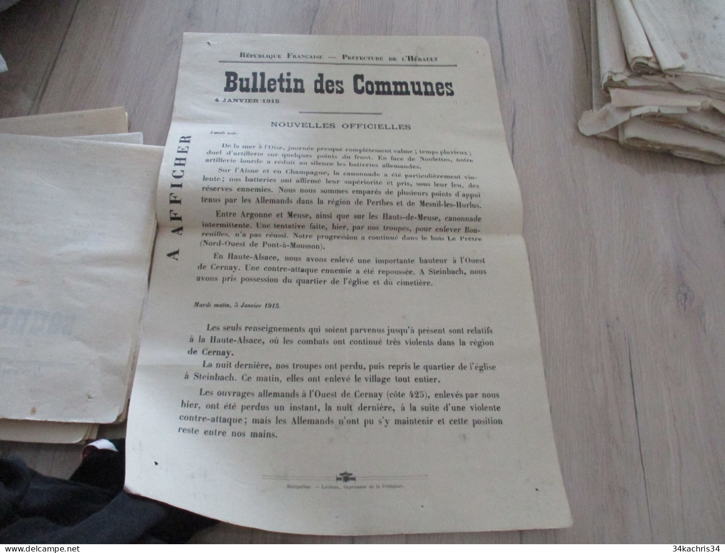 Guerre 14/18 Hérault .affiche 2 X A3 Environs Bulletins Des Communes Nouvelles Officielles 4 Et 5/01/1915 Trous Punaises - Documenten