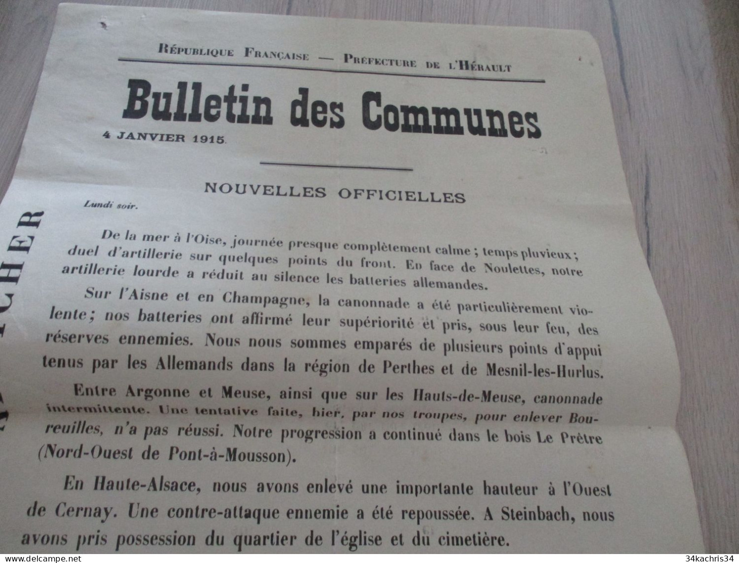 Guerre 14/18 Hérault .affiche 2 X A3 Environs Bulletins Des Communes Nouvelles Officielles 4 Et 5/01/1915 Trous Punaises - Documenten