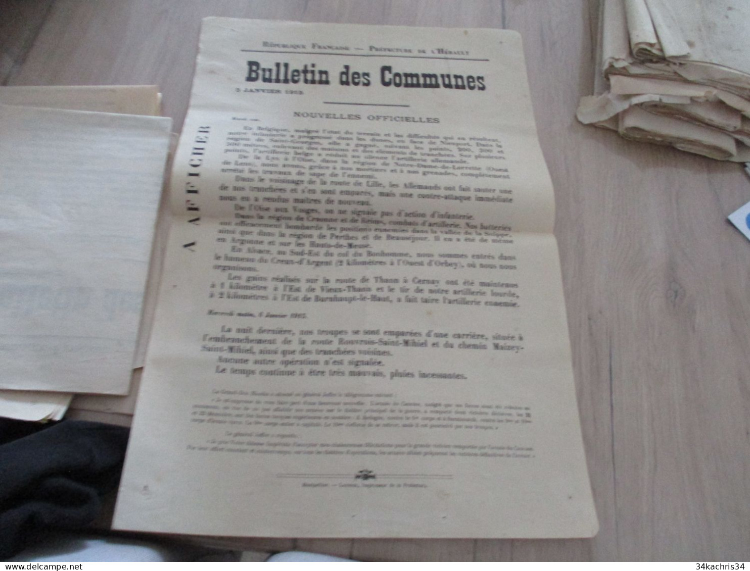 Guerre 14/18 Hérault .affiche 2 X A3 Environs Bulletins Des Communes Nouvelles Officielles 5 Et 6/01/1915 Trous Punaises - Dokumente