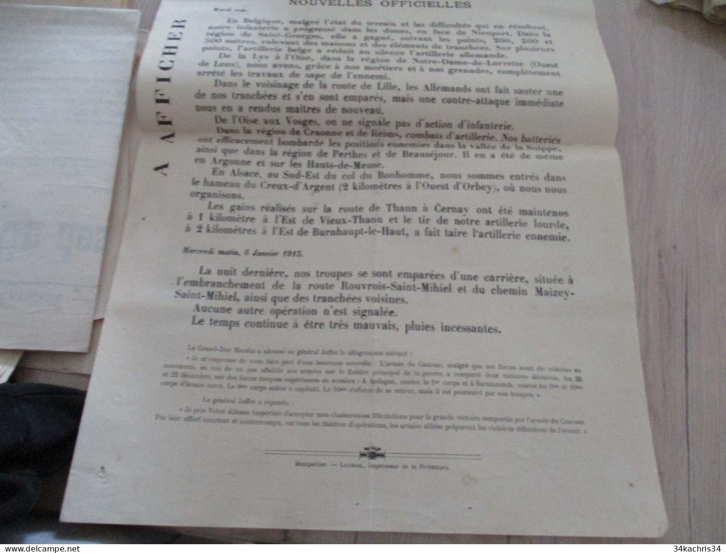 Guerre 14/18 Hérault .affiche 2 X A3 Environs Bulletins Des Communes Nouvelles Officielles 5 Et 6/01/1915 Trous Punaises - Documenten