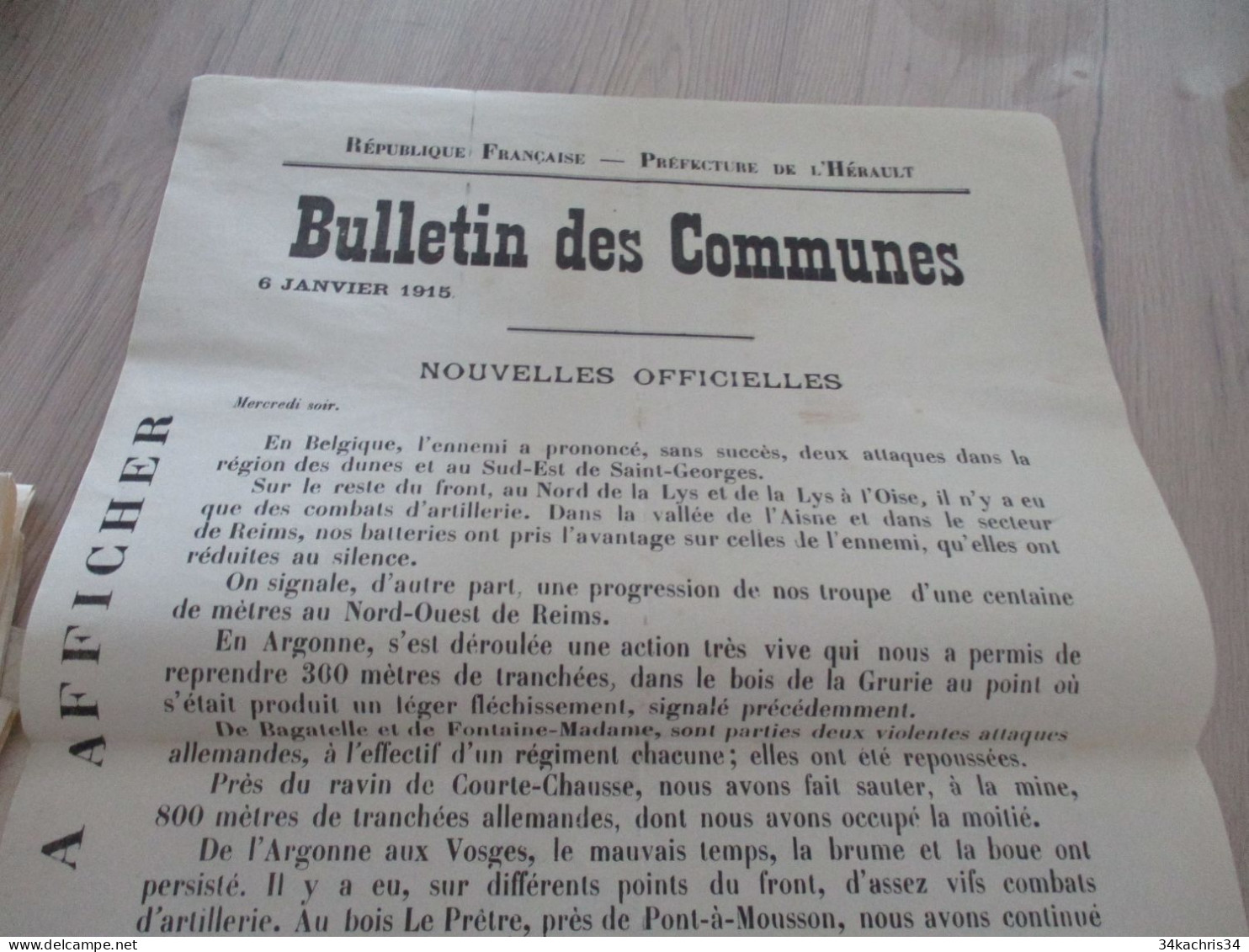 Guerre 14/18 Hérault .affiche 2 X A3 Environs Bulletins Des Communes Nouvelles Officielles 6 Et 7/01/1915 Trous Punaises - Dokumente