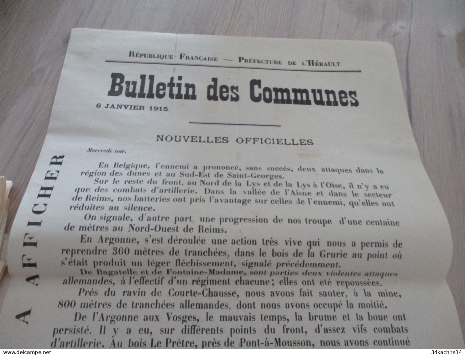 Guerre 14/18 Hérault .affiche 2 X A3 Environs Bulletins Des Communes Nouvelles Officielles 6 Et 7/01/1915 Trous Punaises - Documenten