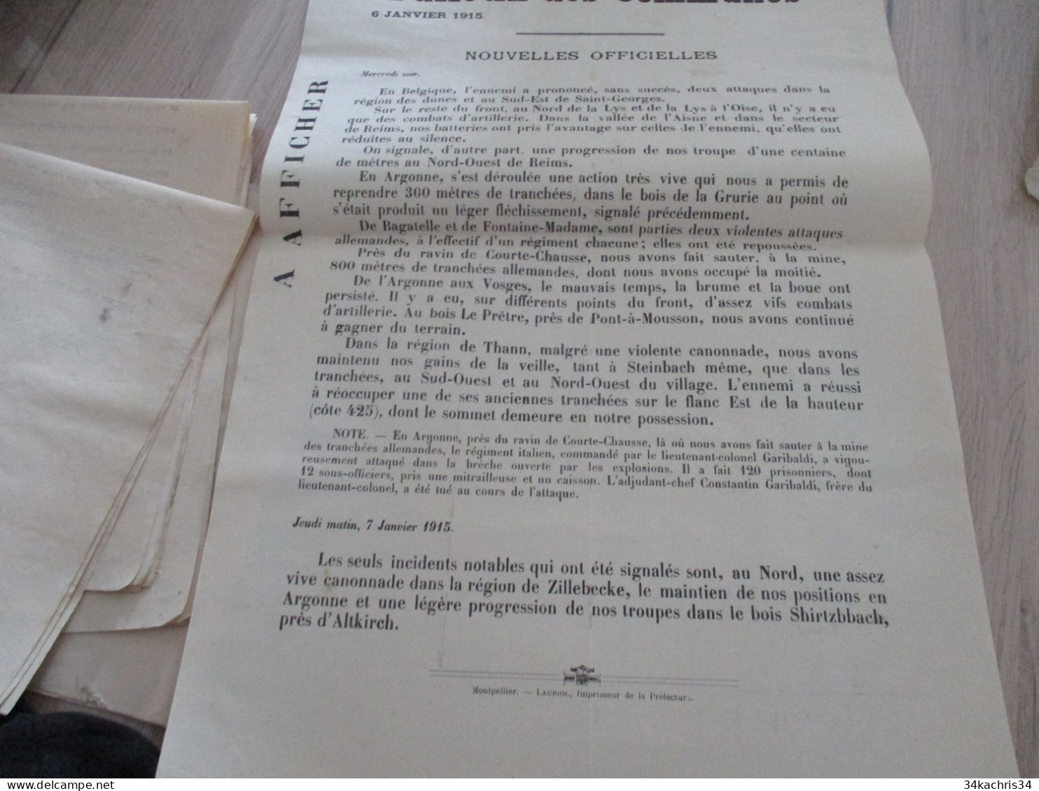Guerre 14/18 Hérault .affiche 2 X A3 Environs Bulletins Des Communes Nouvelles Officielles 6 Et 7/01/1915 Trous Punaises - Dokumente