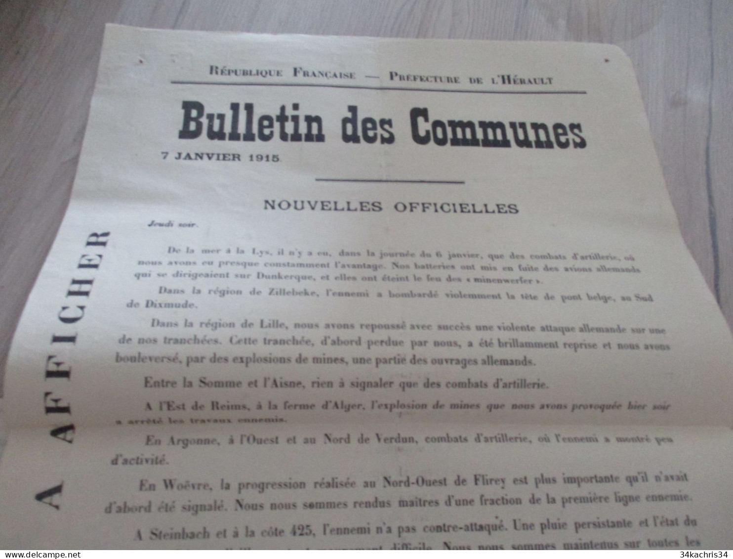 Guerre 14/18 Hérault .affiche 2 X A3 Environs Bulletins Des Communes Nouvelles Officielles 7 Et 8/01/1915 Trous Punaises - Documents