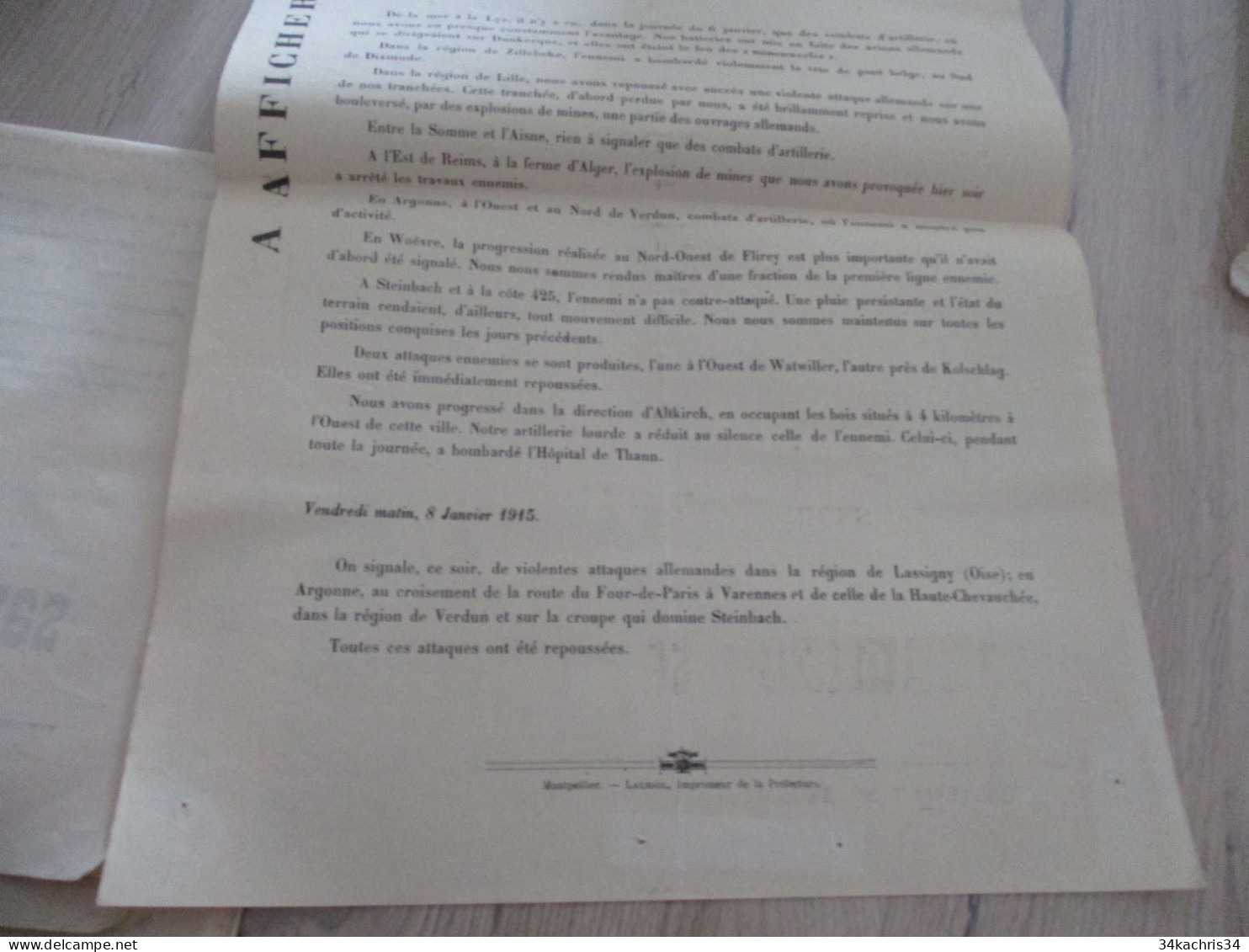 Guerre 14/18 Hérault .affiche 2 X A3 Environs Bulletins Des Communes Nouvelles Officielles 7 Et 8/01/1915 Trous Punaises - Documenten