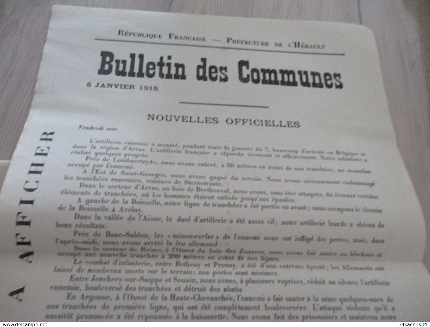 Guerre 14/18 Hérault .affiche 2 X A3 Environs Bulletins Des Communes Nouvelles Officielles 8 Et 9/01/1915 Trous Punaises - Documentos